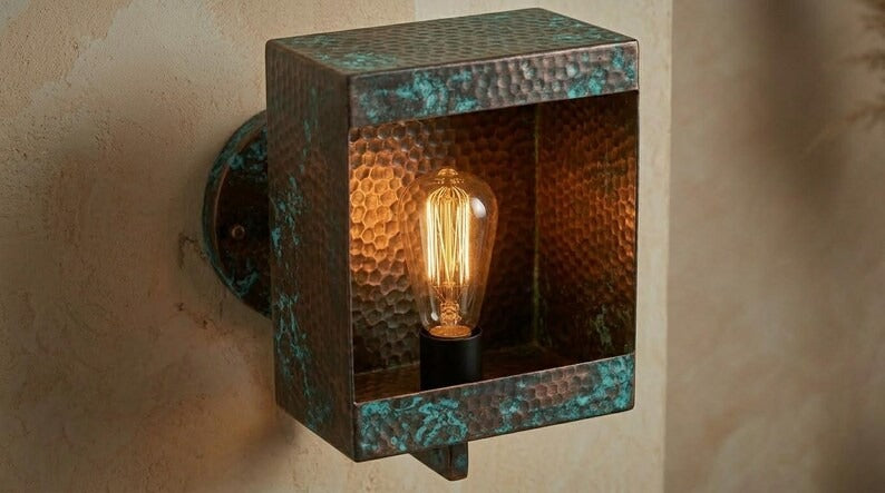 Handmade Brass Moroccan Wall Sconce – Square Box Hammered Brass Wall Light with Verdigris Patina, Rustic Industrial Wall Lamp Fixture