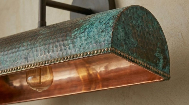 Handmade Brass Picture Light – Verdigris Green Patina Hammered Brass Wall Sconce with Copper Interior, Moroccan Rustic Gallery Wall Lamp Fixture