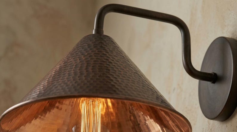Handmade Brass Wall Sconce – Dark Aged Hammered Brass Cone Wall Light, Moroccan Rustic Farmhouse Wall Lamp with Curved Arm Fixture