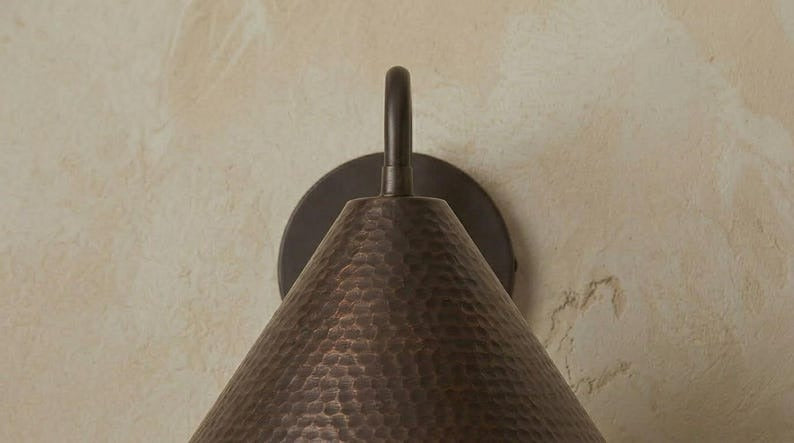 Handmade Brass Wall Sconce – Dark Aged Hammered Brass Cone Wall Light, Moroccan Rustic Farmhouse Wall Lamp with Curved Arm Fixture