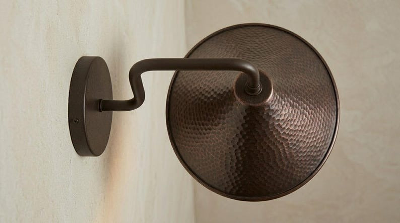 Handmade Brass Wall Sconce – Dark Aged Hammered Brass Cone Wall Light, Moroccan Rustic Farmhouse Wall Lamp with Curved Arm Fixture