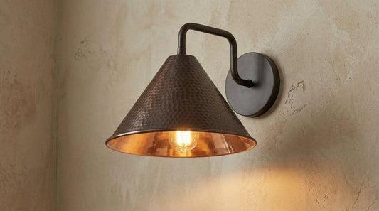 Handmade Brass Wall Sconce – Dark Aged Hammered Brass Cone Wall Light, Moroccan Rustic Farmhouse Wall Lamp with Curved Arm Fixture