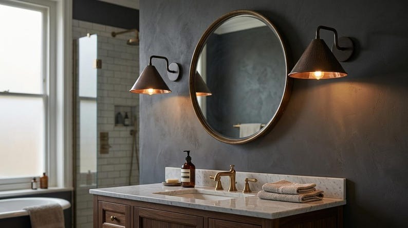 Handmade Brass Wall Sconce – Dark Aged Hammered Brass Cone Wall Light, Moroccan Rustic Farmhouse Wall Lamp with Curved Arm Fixture