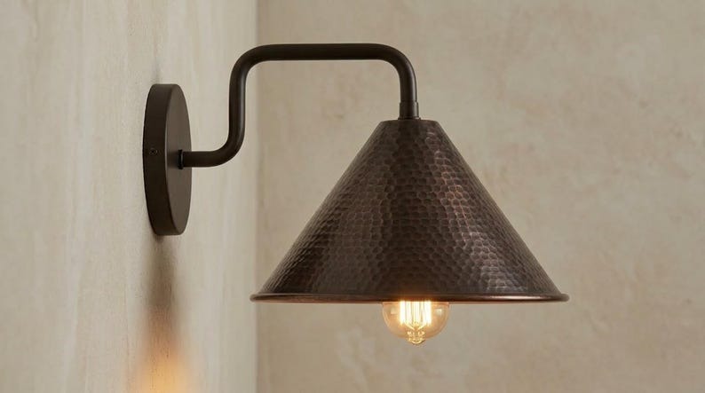 Handmade Brass Wall Sconce – Dark Aged Hammered Brass Cone Wall Light, Moroccan Rustic Farmhouse Wall Lamp with Curved Arm Fixture