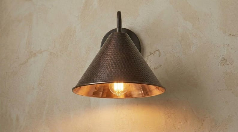 Handmade Brass Wall Sconce – Dark Aged Hammered Brass Cone Wall Light, Moroccan Rustic Farmhouse Wall Lamp with Curved Arm Fixture