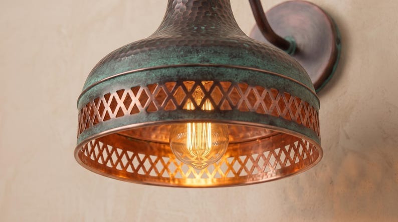 Handmade Brass Wall Sconce – Verdigris Green Patina & Copper Hammered Brass Wall Light with Pierced Border, Moroccan Rustic Farmhouse Wall Lamp