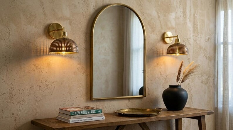 Handmade Brass Wall Sconce – Pierced Brass Dome Wall Light with Grid Cutout Pattern, Moroccan Rustic Farmhouse Wall Lamp Fixture