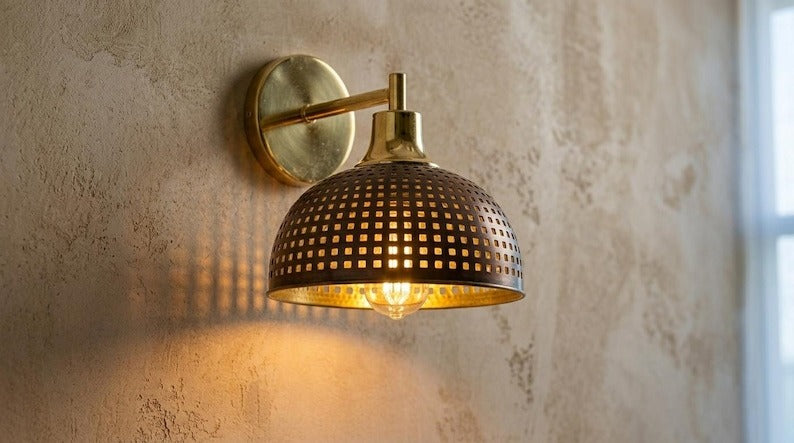 Handmade Brass Wall Sconce – Pierced Brass Dome Wall Light with Grid Cutout Pattern, Moroccan Rustic Farmhouse Wall Lamp Fixture