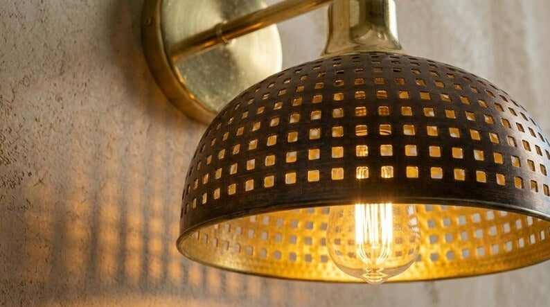 Handmade Brass Wall Sconce – Pierced Brass Dome Wall Light with Grid Cutout Pattern, Moroccan Rustic Farmhouse Wall Lamp Fixture
