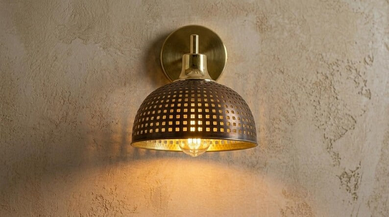 Handmade Brass Wall Sconce – Pierced Brass Dome Wall Light with Grid Cutout Pattern, Moroccan Rustic Farmhouse Wall Lamp Fixture