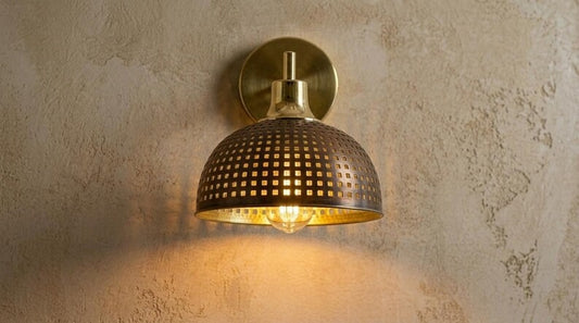 Handmade Brass Wall Sconce – Pierced Brass Dome Wall Light with Grid Cutout Pattern, Moroccan Rustic Farmhouse Wall Lamp Fixture