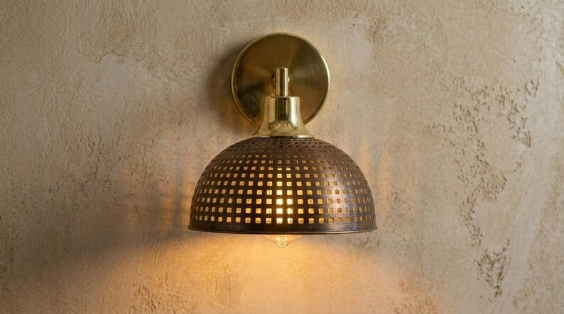Handmade Brass Wall Sconce – Pierced Brass Dome Wall Light with Grid Cutout Pattern, Moroccan Rustic Farmhouse Wall Lamp Fixture