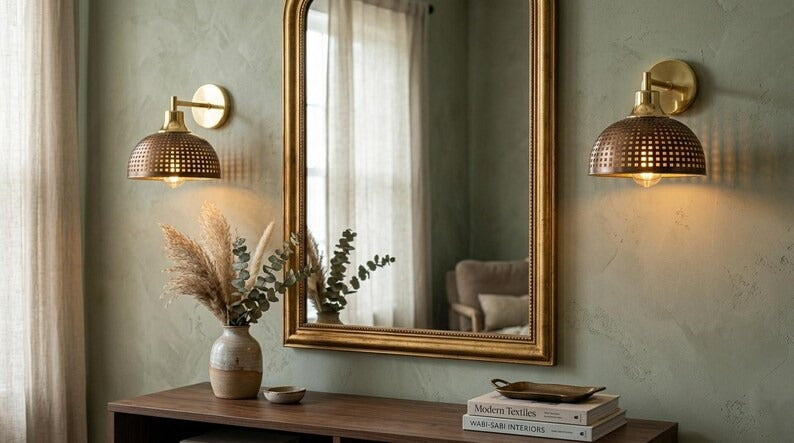 Handmade Brass Wall Sconce – Pierced Brass Dome Wall Light with Grid Cutout Pattern, Moroccan Rustic Farmhouse Wall Lamp Fixture