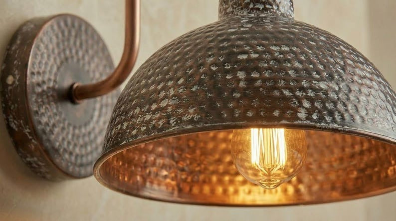 Handmade Brass Wall Sconce – Dark Aged Hammered Brass Dome Wall Light with Copper Interior, Moroccan Rustic Farmhouse Wall Lamp Fixture