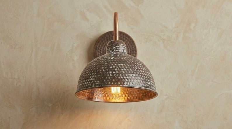 Handmade Brass Wall Sconce – Dark Aged Hammered Brass Dome Wall Light with Copper Interior, Moroccan Rustic Farmhouse Wall Lamp Fixture