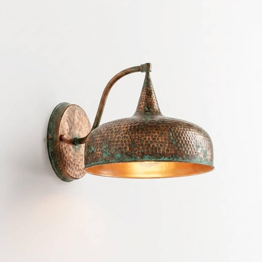 Handmade Moroccan Brass Wall Sconce – Hammered Copper and Green Verdigris Dome Wall Light with Curved Arm, Rustic Boho Lamp for Kitchen, Bedroom, Hallway & Entryway