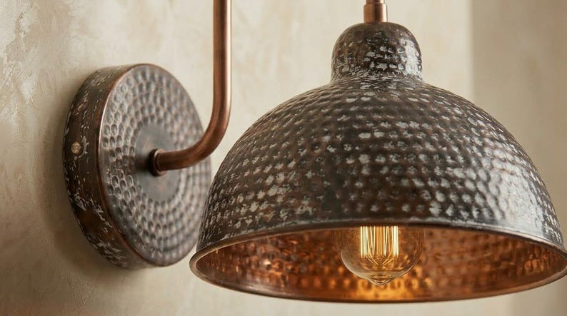 Handmade Brass Wall Sconce – Dark Aged Hammered Brass Dome Wall Light with Copper Interior, Moroccan Rustic Farmhouse Wall Lamp Fixture