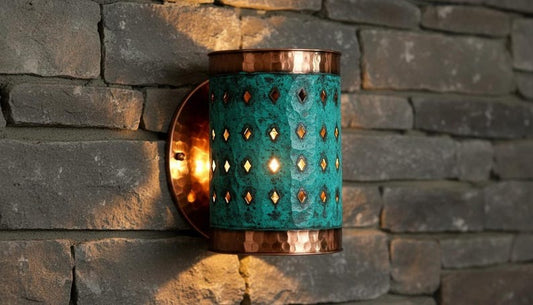 Handmade Moroccan Brass Wall Sconce – Turquoise Patina Pierced Brass Wall Light, Hammered Copper Brass Cylinder Sconce, Boho Mediterranean Accent Lamp for Bedroom, Hallway, Entryway & Bathroom Vanity