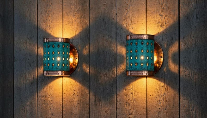 Handmade Moroccan Brass Wall Sconce – Turquoise Patina Pierced Brass Wall Light, Hammered Copper Brass Cylinder Sconce, Boho Mediterranean Accent Lamp for Bedroom, Hallway, Entryway & Bathroom Vanity