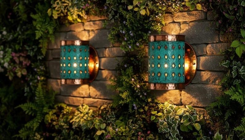Handmade Moroccan Brass Wall Sconce – Turquoise Patina Pierced Brass Wall Light, Hammered Copper Brass Cylinder Sconce, Boho Mediterranean Accent Lamp for Bedroom, Hallway, Entryway & Bathroom Vanity