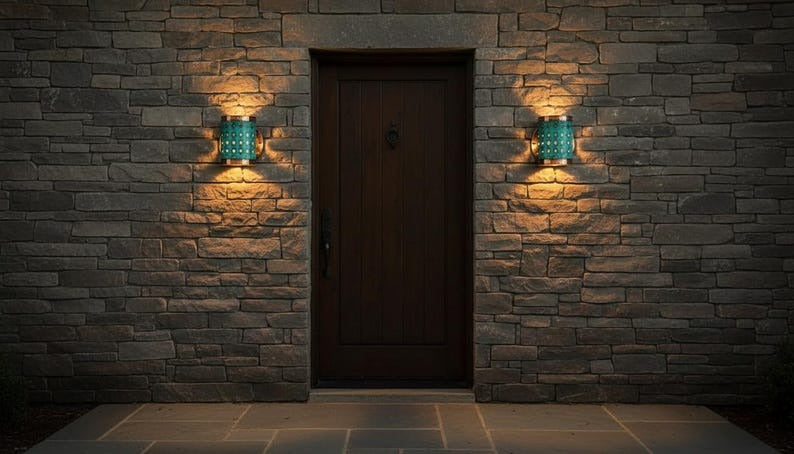 Handmade Moroccan Brass Wall Sconce – Turquoise Patina Pierced Brass Wall Light, Hammered Copper Brass Cylinder Sconce, Boho Mediterranean Accent Lamp for Bedroom, Hallway, Entryway & Bathroom Vanity