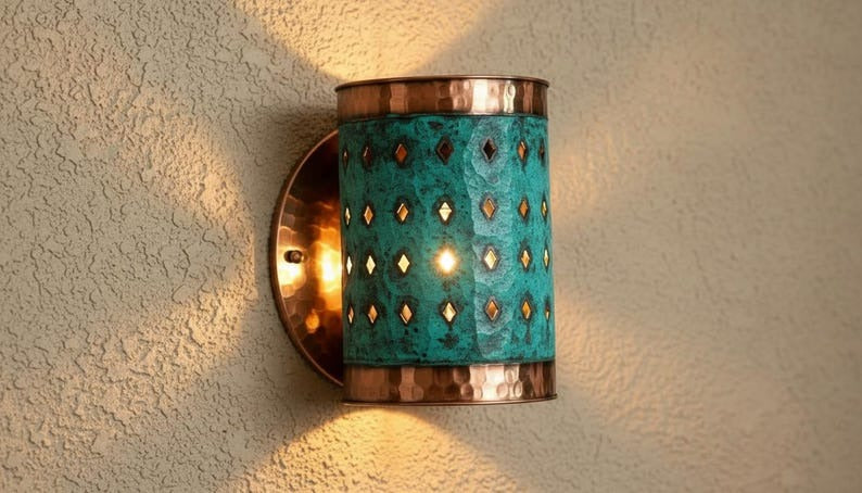 Handmade Moroccan Brass Wall Sconce – Turquoise Patina Pierced Brass Wall Light, Hammered Copper Brass Cylinder Sconce, Boho Mediterranean Accent Lamp for Bedroom, Hallway, Entryway & Bathroom Vanity