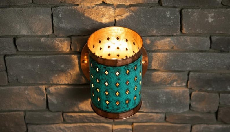 Handmade Moroccan Brass Wall Sconce – Turquoise Patina Pierced Brass Wall Light, Hammered Copper Brass Cylinder Sconce, Boho Mediterranean Accent Lamp for Bedroom, Hallway, Entryway & Bathroom Vanity