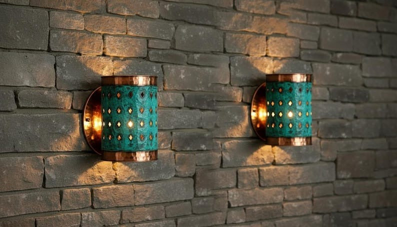 Handmade Moroccan Brass Wall Sconce – Turquoise Patina Pierced Brass Wall Light, Hammered Copper Brass Cylinder Sconce, Boho Mediterranean Accent Lamp for Bedroom, Hallway, Entryway & Bathroom Vanity