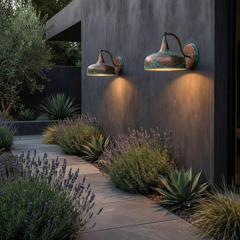 Handmade Moroccan Brass Wall Sconce – Hammered Copper and Green Verdigris Dome Wall Light with Curved Arm, Rustic Boho Lamp for Kitchen, Bedroom, Hallway & Entryway