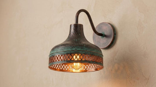 Handmade Brass Wall Sconce – Verdigris Green Patina & Copper Hammered Brass Wall Light with Pierced Border, Moroccan Rustic Farmhouse Wall Lamp