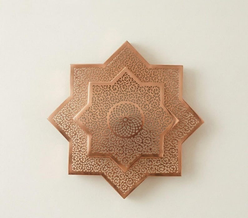 Handmade Moroccan Brass Star Wall Sconce – Pierced Eight-Point Geometric Wall Light with Warm Golden Glow and Dramatic Sunburst Shadow Patterns
