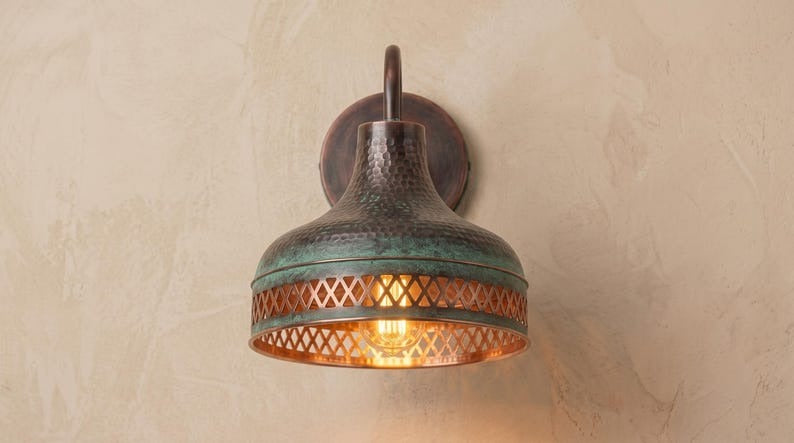 Handmade Brass Wall Sconce – Verdigris Green Patina & Copper Hammered Brass Wall Light with Pierced Border, Moroccan Rustic Farmhouse Wall Lamp