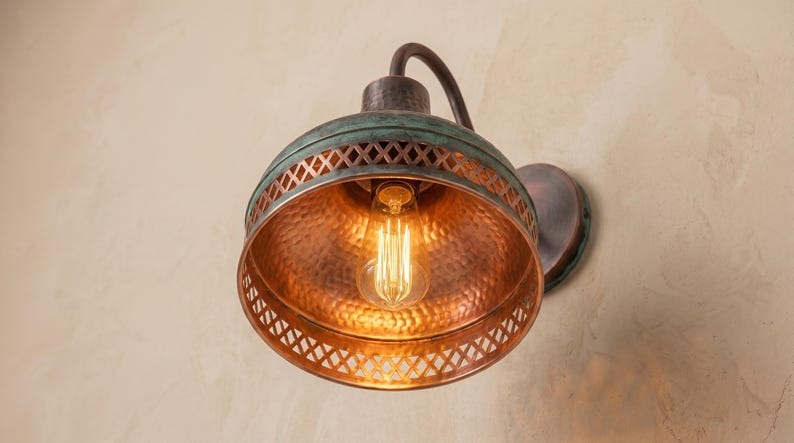 Handmade Brass Wall Sconce – Verdigris Green Patina & Copper Hammered Brass Wall Light with Pierced Border, Moroccan Rustic Farmhouse Wall Lamp