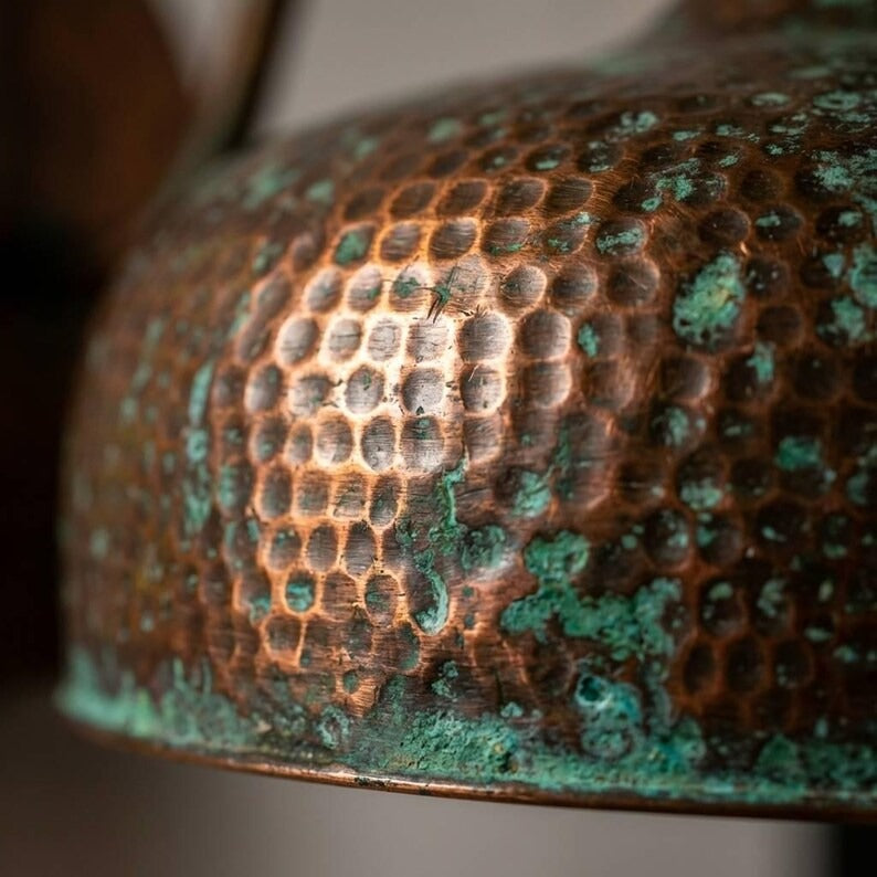 Handmade Moroccan Brass Wall Sconce – Hammered Copper and Green Verdigris Dome Wall Light with Curved Arm, Rustic Boho Lamp for Kitchen, Bedroom, Hallway & Entryway