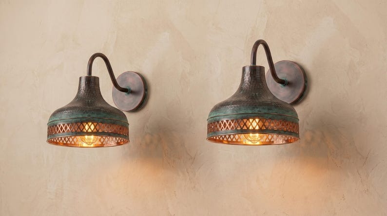 Handmade Brass Wall Sconce – Verdigris Green Patina & Copper Hammered Brass Wall Light with Pierced Border, Moroccan Rustic Farmhouse Wall Lamp