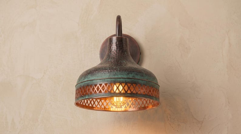 Handmade Brass Wall Sconce – Verdigris Green Patina & Copper Hammered Brass Wall Light with Pierced Border, Moroccan Rustic Farmhouse Wall Lamp