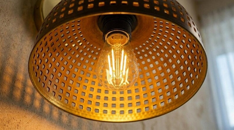 Handmade Brass Wall Sconce – Pierced Brass Dome Wall Light with Grid Cutout Pattern, Moroccan Rustic Farmhouse Wall Lamp Fixture