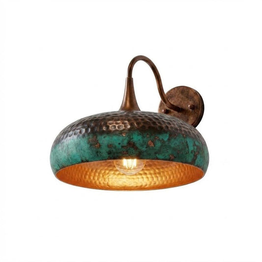 Handmade Moroccan Brass Wall Sconce – Hammered Copper and Green Verdigris Dome Wall Light with Curved Gooseneck Arm, Rustic Boho Lamp for Bedroom, Hallway, Kitchen & Entryway