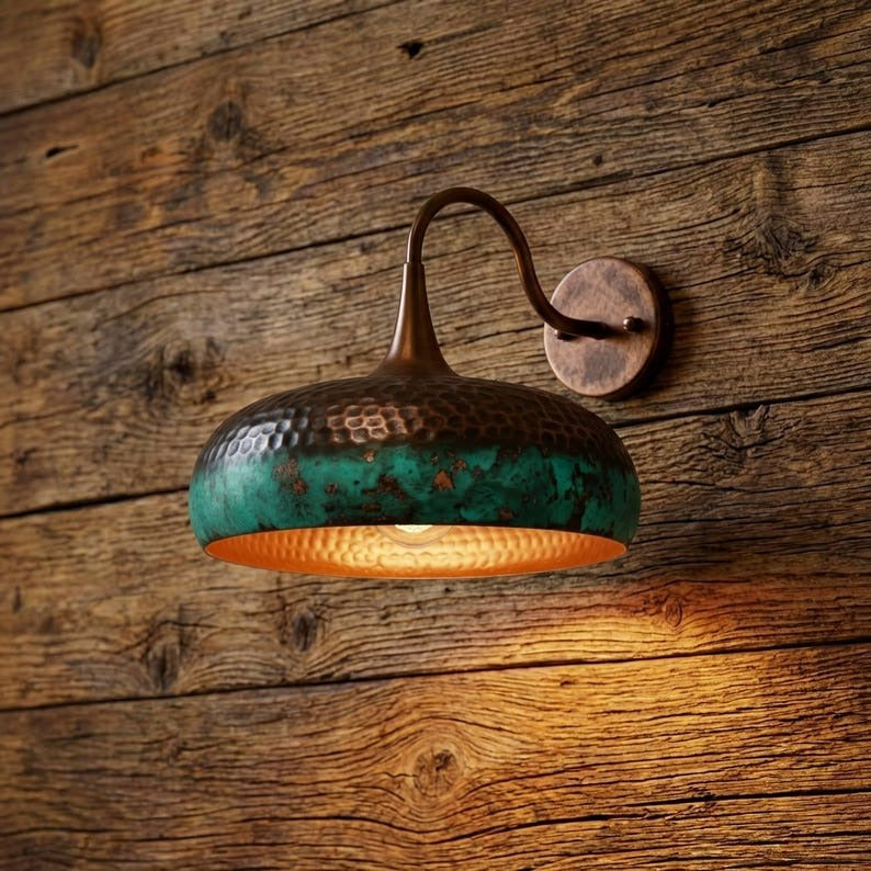 Handmade Moroccan Brass Wall Sconce – Hammered Copper and Green Verdigris Dome Wall Light with Curved Gooseneck Arm, Rustic Boho Lamp for Bedroom, Hallway, Kitchen & Entryway