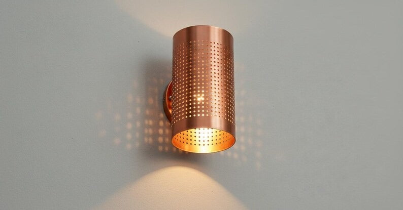 Handmade Brass Cylinder Wall Sconce Light – Copper Moroccan Wall Lamp, Pierced Brass Up Down Light, Rustic Bathroom Vanity & Hallway Fixture