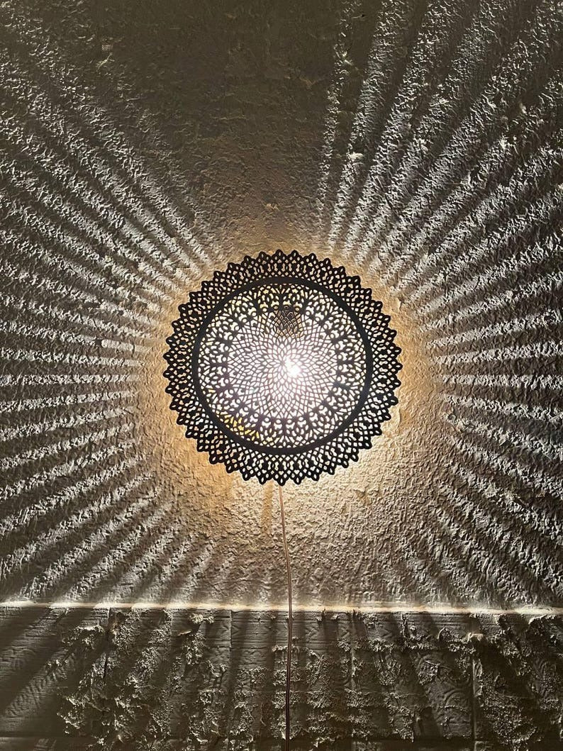 Handmade Moroccan Brass Wall Sconce – Round Mandala Cutout Light with Floral Lace Pattern for Boho Wall Décor, Bedroom, Hallway & Living Room
