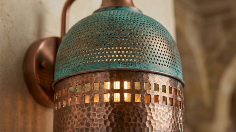 Handmade Brass Moroccan Wall Sconce – Verdigris Green Patina & Copper Hammered Brass Wall Light with Square Cutout Band, Rustic Boho Wall Lamp