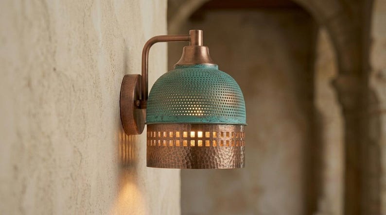Handmade Brass Moroccan Wall Sconce – Verdigris Green Patina & Copper Hammered Brass Wall Light with Square Cutout Band, Rustic Boho Wall Lamp