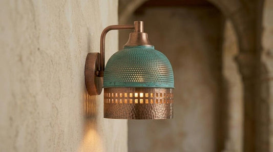 Handmade Brass Moroccan Wall Sconce – Verdigris Green Patina & Copper Hammered Brass Wall Light with Square Cutout Band, Rustic Boho Wall Lamp