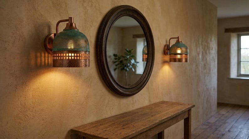 Handmade Brass Moroccan Wall Sconce – Verdigris Green Patina & Copper Hammered Brass Wall Light with Square Cutout Band, Rustic Boho Wall Lamp