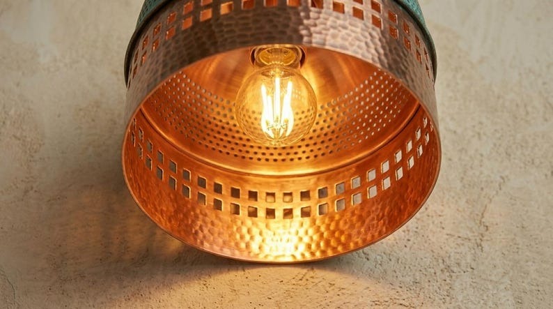 Handmade Brass Moroccan Wall Sconce – Verdigris Green Patina & Copper Hammered Brass Wall Light with Square Cutout Band, Rustic Boho Wall Lamp