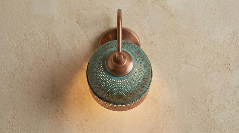 Handmade Brass Moroccan Wall Sconce – Verdigris Green Patina & Copper Hammered Brass Wall Light with Square Cutout Band, Rustic Boho Wall Lamp