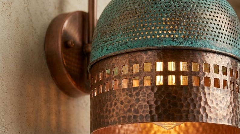 Handmade Brass Moroccan Wall Sconce – Verdigris Green Patina & Copper Hammered Brass Wall Light with Square Cutout Band, Rustic Boho Wall Lamp
