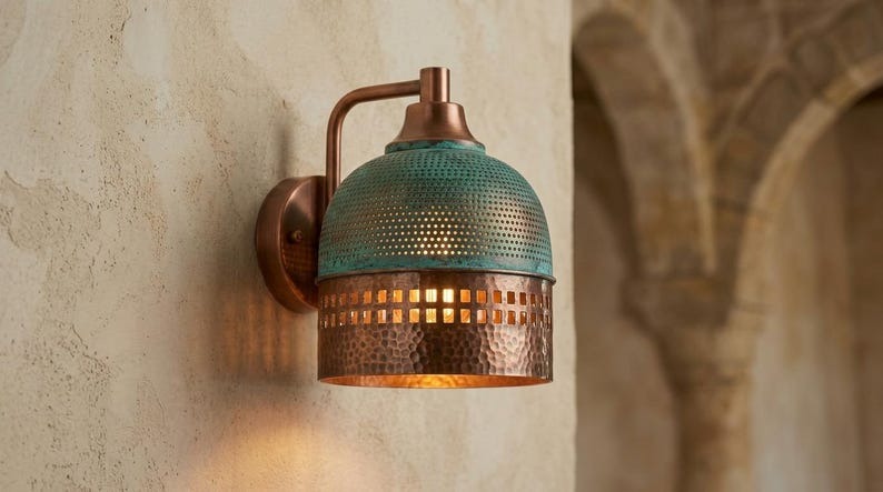 Handmade Brass Moroccan Wall Sconce – Verdigris Green Patina & Copper Hammered Brass Wall Light with Square Cutout Band, Rustic Boho Wall Lamp