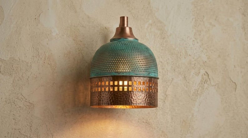 Handmade Brass Moroccan Wall Sconce – Verdigris Green Patina & Copper Hammered Brass Wall Light with Square Cutout Band, Rustic Boho Wall Lamp